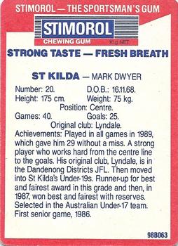 1990 AFL Scanlens Stimorol #140 Mark Dwyer Back